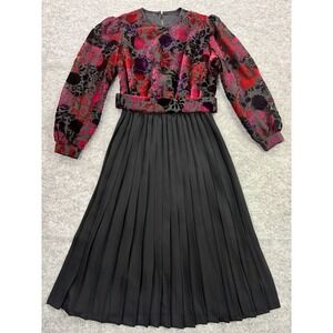 Vintage Dress Sz 6 Dark Romantic Floral‎ Crushed Velvet Pleated Belted Mavinette